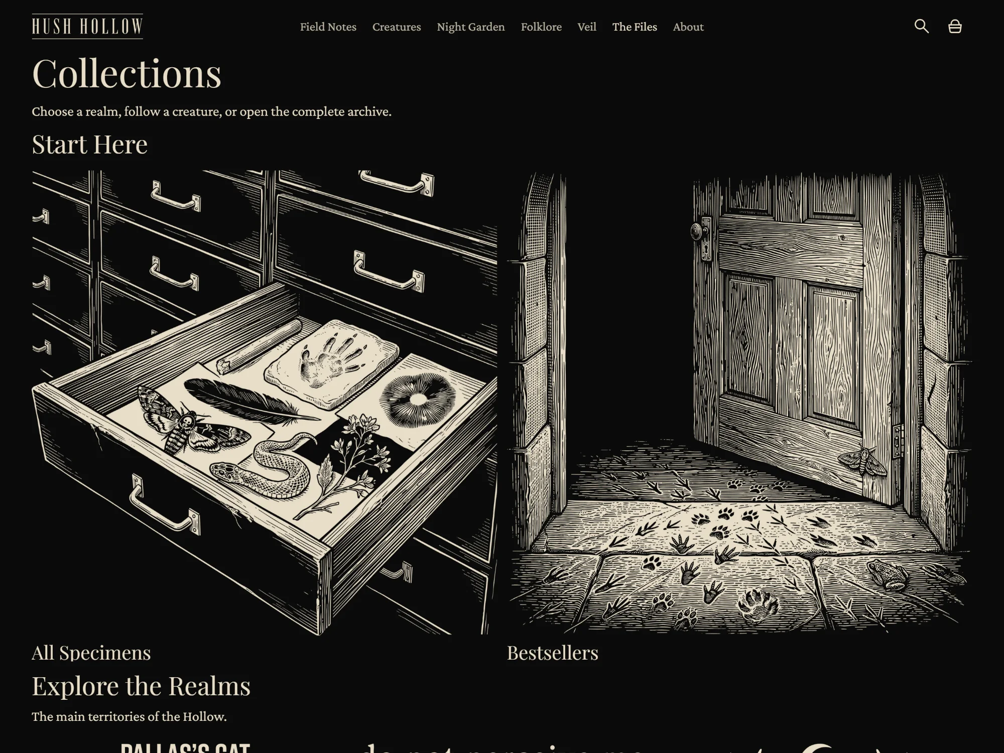 Hush Hollow collections directory with an illustrated specimen drawer and a doorway leading into animal tracks