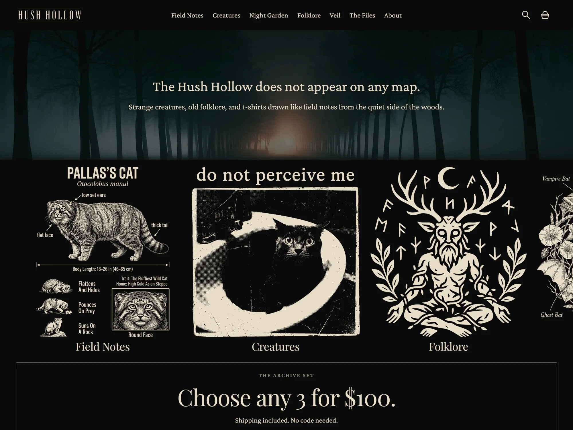 Hush Hollow homepage showing dark woodland art direction, illustrated collections, and the Archive Set offer