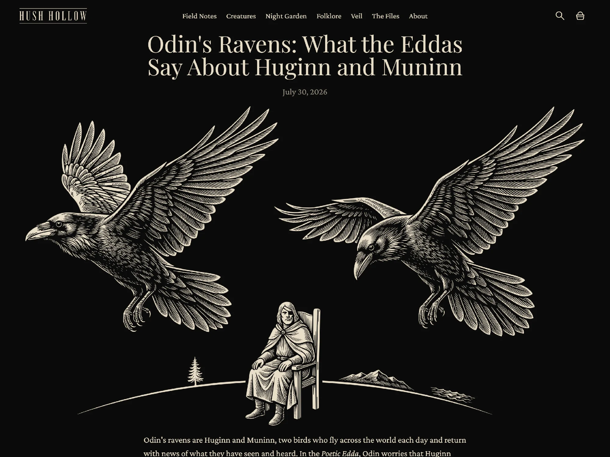 The Hollow Journal article about Odin's ravens, illustrated with Huginn and Muninn flying above Odin