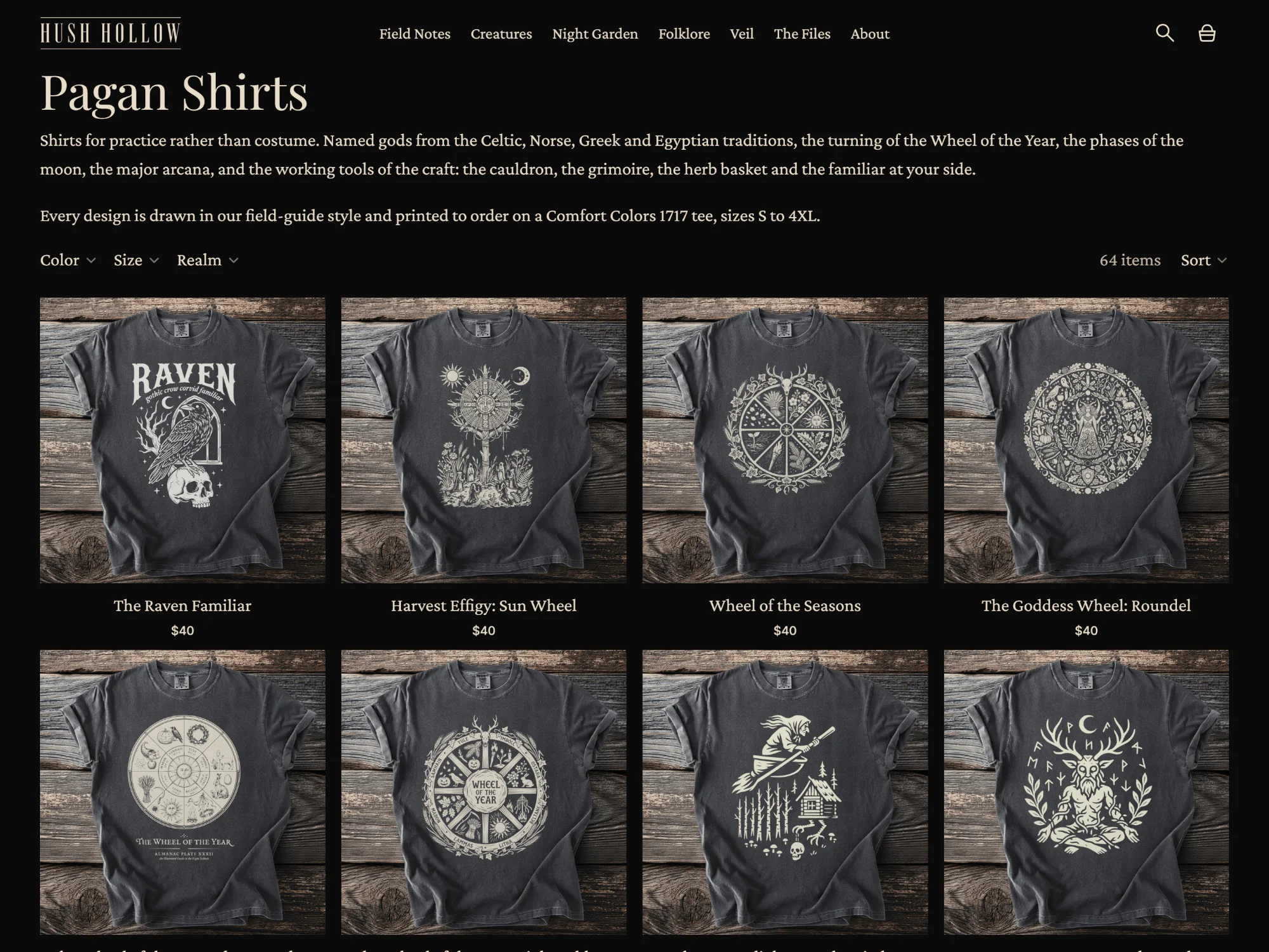 Hush Hollow Pagan Shirts collection page showing a coordinated catalog of field-guide apparel designs