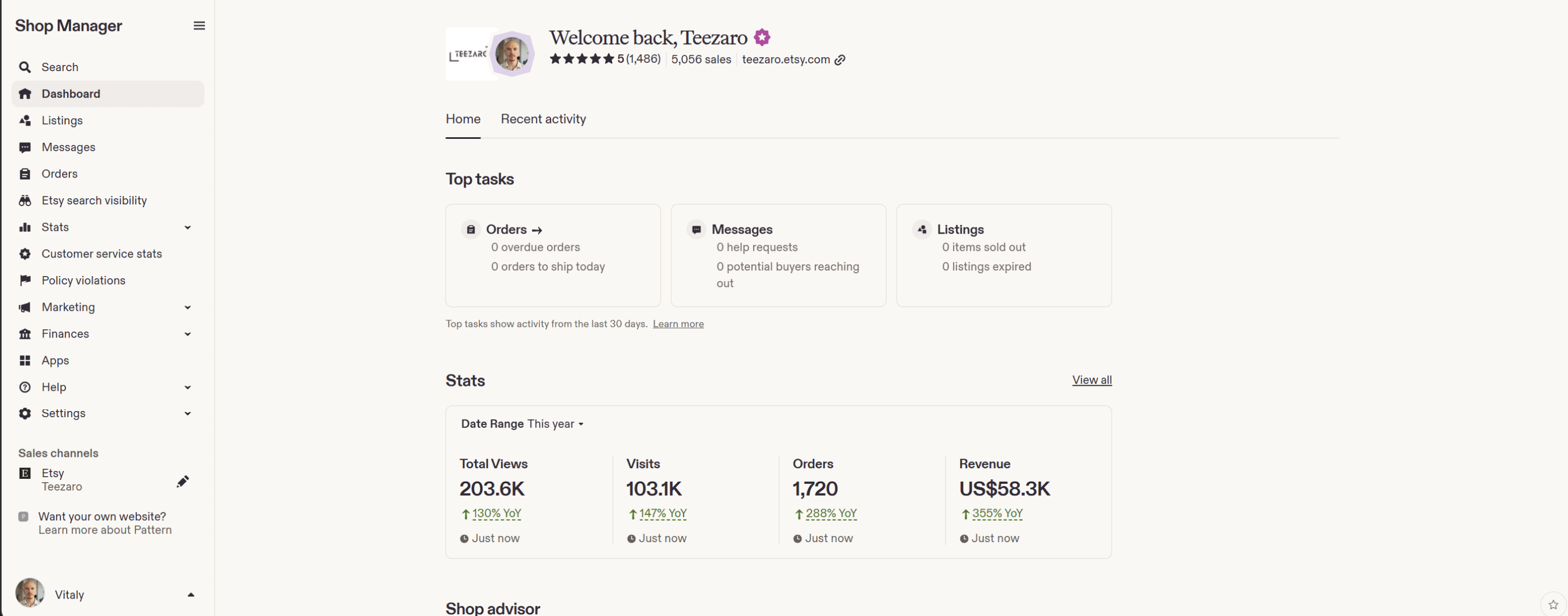 ממשק Etsy Shop Manager של Teezaro: 5,056 מכירות, דירוג 5.0 מתוך 1,486 ביקורות, וביצועי החנות מתחילת השנה.